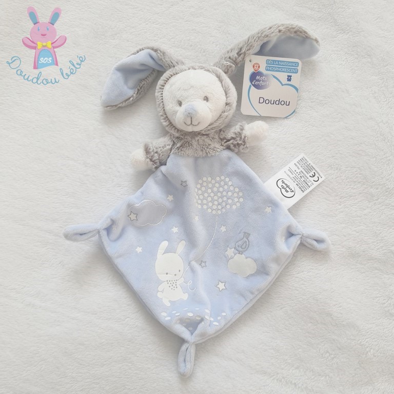 Doudou plat velours lapin gris naissance