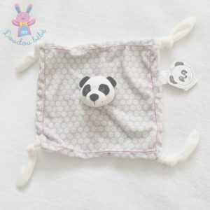 Doudou plat Panda gris blanc noir fleurs Carré Blanc