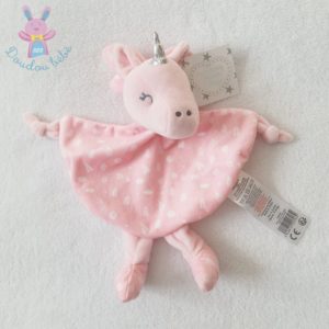 Doudou plat Licorne grelot rose blanc argenté TOM & KIDDY