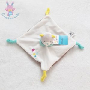 Doudou plat chat blanc marron vert étoiles U TOUT PETITS