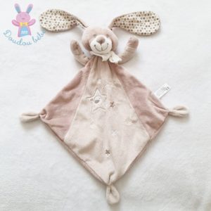 Doudou plat Lapin beige marron étoiles oiseau AUCHAN