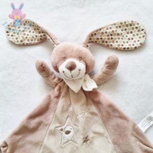 Doudou plat Lapin beige marron étoiles oiseau AUCHAN