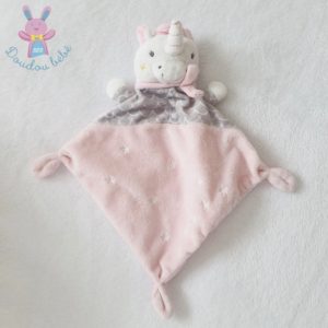 Doudou plat Licorne rose gris blanc MOTS D’ENFANTS