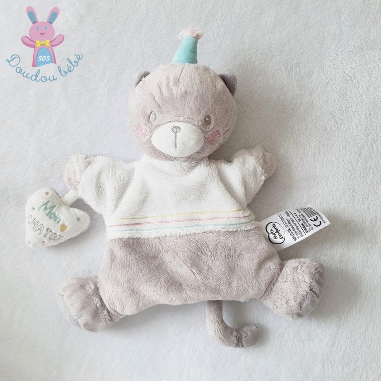 Doudou Chat marionnette beige cœur Mon chaton MOTS D'ENFANTS