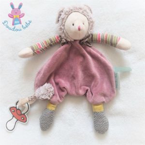 Doudou plat Souris Les Pachats mauve attache tétine MOULIN ROTY