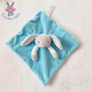 Doudou plat Lapin bleu turquoise gris blanc étoiles OBAIBI