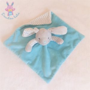 Doudou plat Lapin bleu turquoise gris blanc étoiles OBAIBI