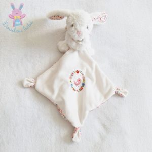 Doudou Lapin blanc mouchoir fleurs oiseau rose POMMETTE