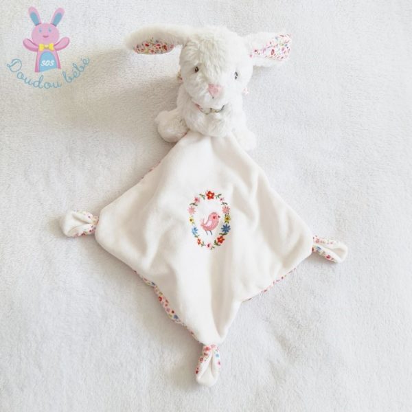 Doudou Lapin blanc mouchoir fleurs POMMETTE