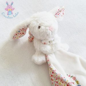 Doudou Lapin blanc mouchoir fleurs oiseau rose POMMETTE