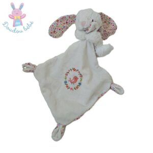 Doudou Lapin blanc mouchoir fleurs oiseau rose POMMETTE