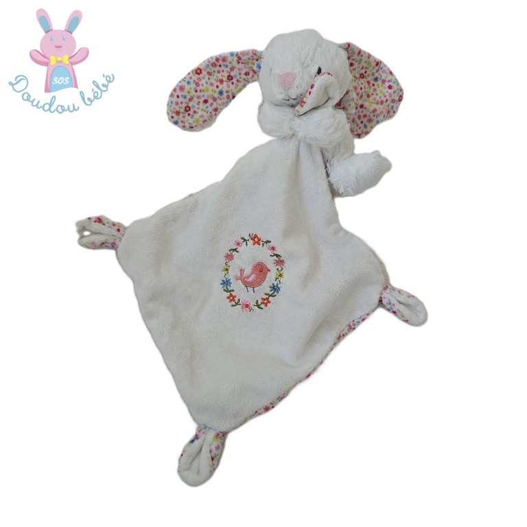 Doudou Lapin blanc mouchoir fleurs POMMETTE