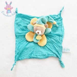 Doudou plat Ours lange de coton bleu turquoise jaune BABY NAT