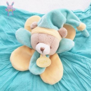 Doudou plat Ours lange de coton bleu turquoise jaune BABY NAT