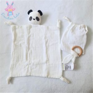 Doudou plat Panda lange coton blanc noir + hochet + sac VERTBAUDET