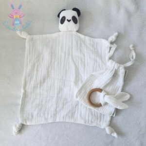 Doudou plat Panda lange coton blanc noir + hochet + sac VERTBAUDET