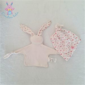 Doudou plat Lapin coton rose pâle fleurs + sac PETIT BATEAU