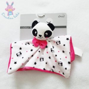 Doudou plat Panda blanc rose noir étoiles nœud KIMADI