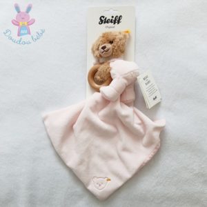 Doudou Ours marron mouchoir rose pois anneau bois STEIFF