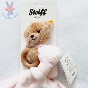 Doudou Ours marron mouchoir rose pois anneau bois STEIFF