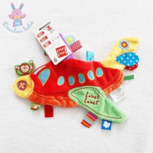 Doudou plat Avion rouge vert jaune étiquettes LABEL LABEL