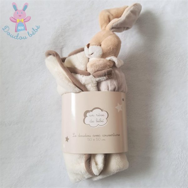 Doudou Lapin couverture beige blanc Un rêve de bébé