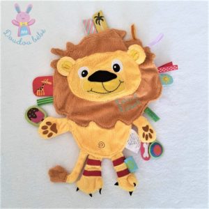 Doudou plat Lion jaune orange marron étiquettes LABEL LABEL