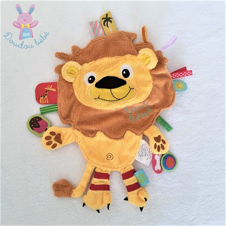 sos doudou lion Toodo carré plat orange et jaune empreinte