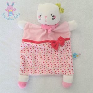 Doudou plat Chat blanc rose fleurs MOTS D’ENFANTS