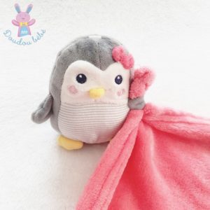 Doudou Pingouin gris rayé couverture polaire rose fuchsia NICOTOY