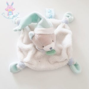 Doudou plat Ours blanc gris vert d’eau avec bonnet BABY NAT