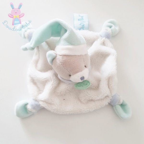 Doudou plat Ours blanc gris vert BABY NAT