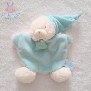 Doudou plat Ours bleu blanc câlins avec bonnet BABY NAT