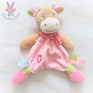 Doudou plat Vache Coquillette rose beige blanc fleur BABY NAT