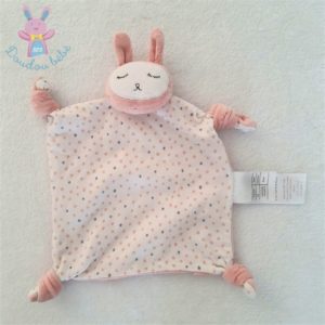 Doudou plat Lapin rose blanc pois gris dos étoiles VERTBAUDET