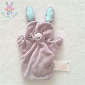 Doudou marionnette Lapin gris oreilles bleu VERTBAUDET