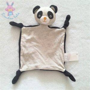 Doudou plat Panda noir et tissu gris VERTBAUDET