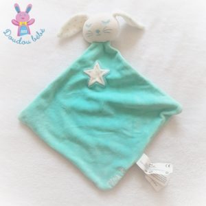 Doudou plat Lapin Pilou bleu turquoise blanc étoile TAPE A L’OEIL TAO