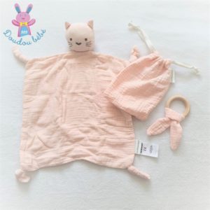 Doudou plat Chat lange coton rose + Anneau + Sac VERTBAUDET