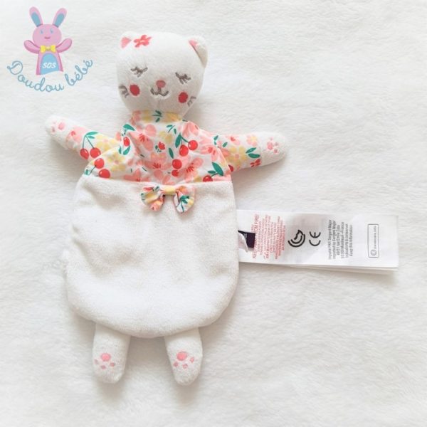 Doudou plat mon petit chat blanc fleurs SERGENT MAJOR