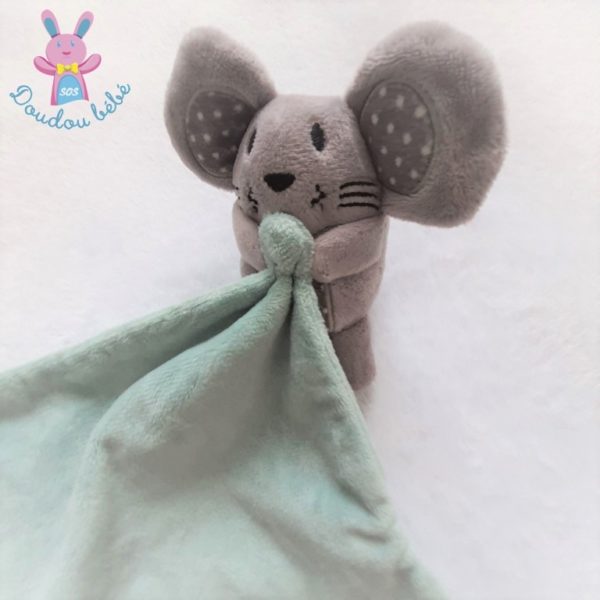 Doudou Souris grelot gris avec mouchoir vert ZEEMAN – Image 2