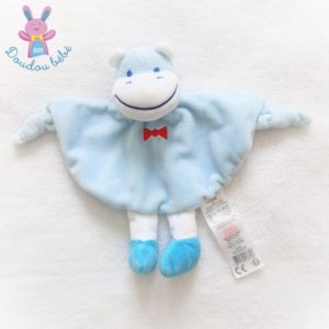 Doudou plat Hippopotame grelot bleu blanc nœud rouge TOM & KIDDY