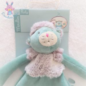 Doudou plat Chat bleu vert gris Les Pachats MOULIN ROTY