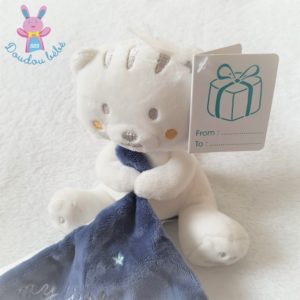 Doudou Tigre Chat blanc mouchoir bleu “my little tiger” SIMBA