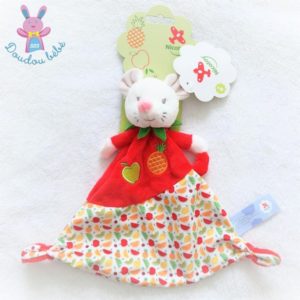 Doudou plat Souris rouge blanc orange vert fruits NICOTOY