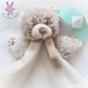 Doudou plat Ours blanc beige marron chiné écharpe TEX BABY