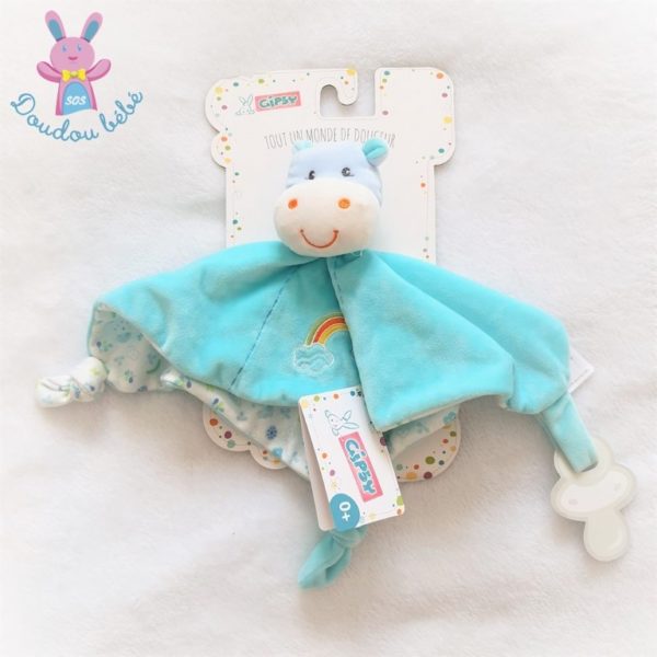 Doudou plat Hippopotame bleu arc en ciel GIPSY