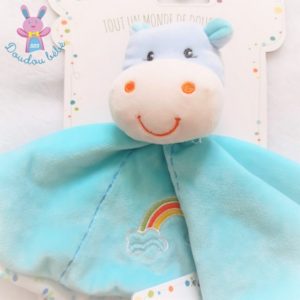 Doudou plat Hippopotame bleu arc en ciel attache tétine GIPSY