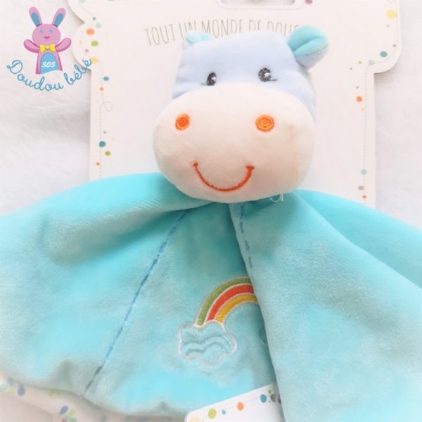 Doudou plat Hippopotame bleu arc en ciel attache tétine GIPSY – Image 2
