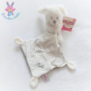 Doudou Lapin blanc mouchoir à pois gris “bébé” POMMETTE